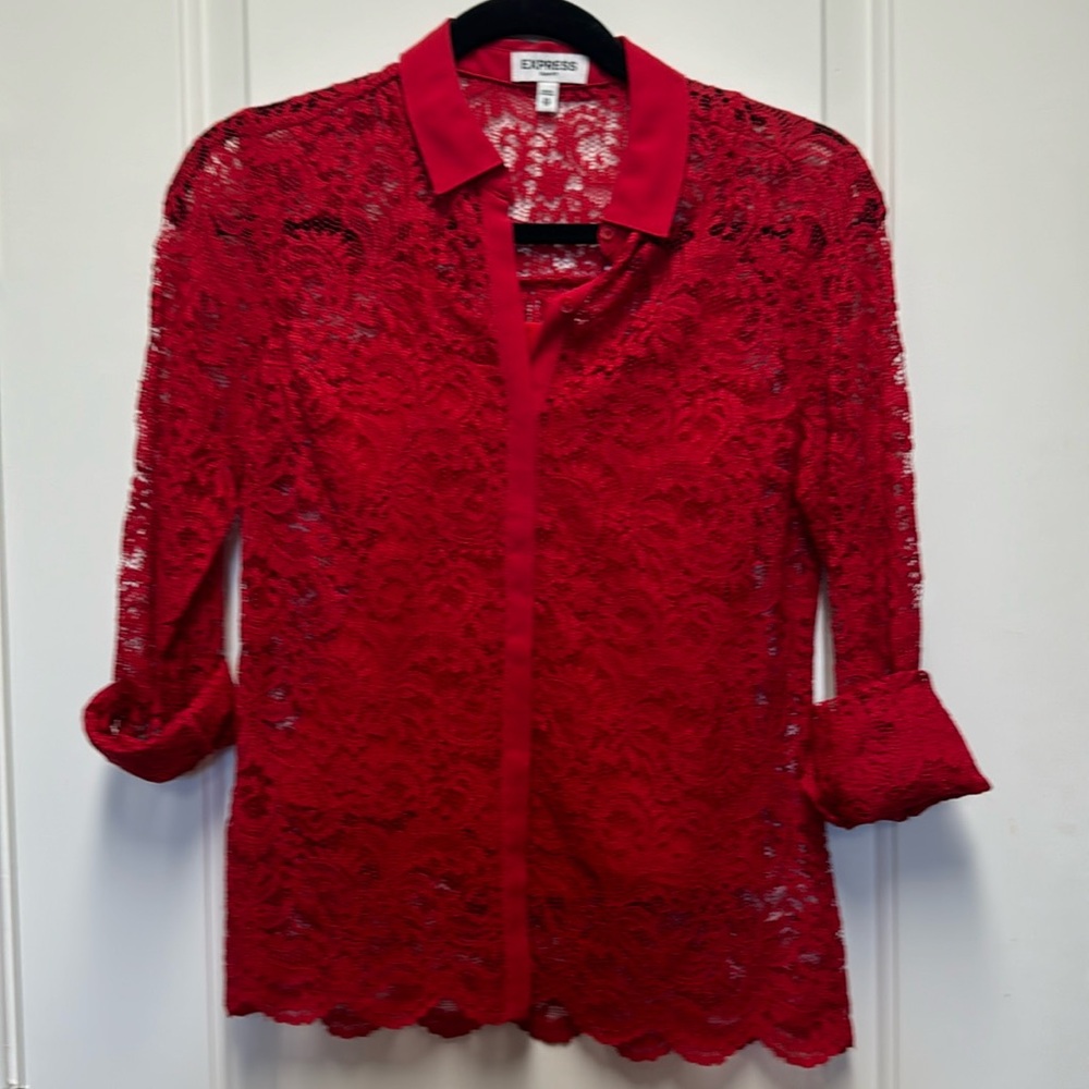 Express button down slim shirt lace all over with cami underneath size XS